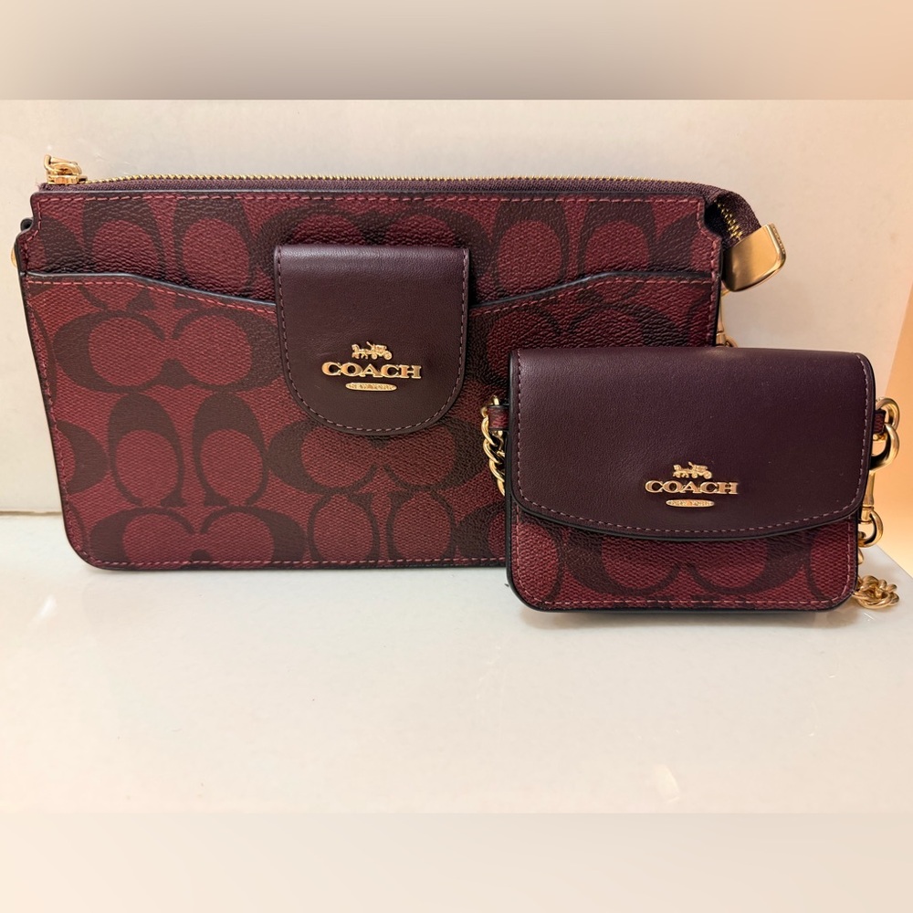 Coach Signature Burgundy Crossbody Bag and Cardholder Set